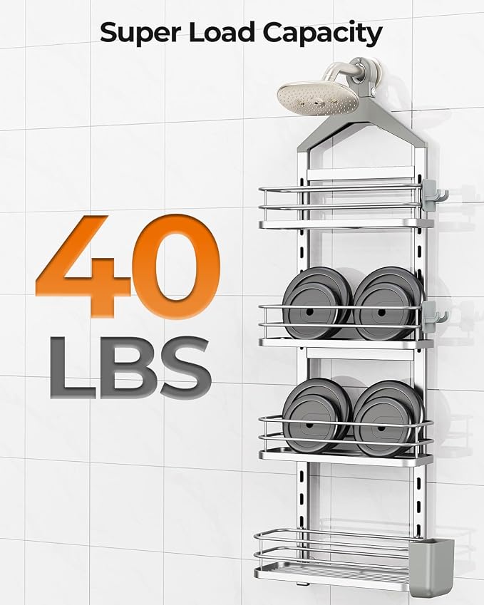 ODesign 4 Tier Adjustable Shower Caddy Hanging Over Showerhead Silver | Shower organizer hanging,no drilling required,comes with removable hook and storage box, suitable for indoor showers