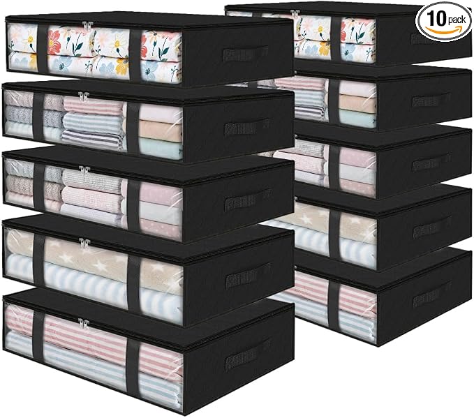 StorageRight Under Bed Storage Bags, 10 Pack, 40L, Black | Breathable Non-Woven Fabric with a Clear Window and Zippered Top for Clothes, Comforters, Blankets and Seasonal Storage