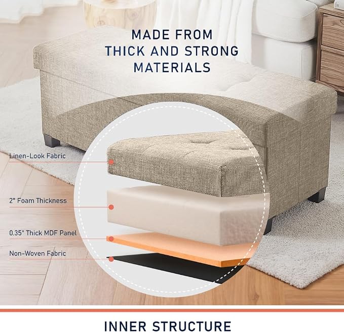 Ornavo Home 43" Large Storage Ottoman Bench with Legs, Taupe | Foot Rest Stool; Ottoman with Hidden Storage; Ideal for Bedroom, Living Room, Entryway or Home Office