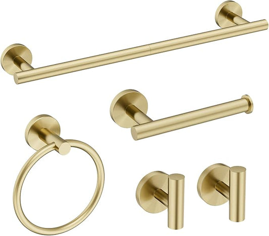 Gold Bathroom Accessories 5 Piece, 18 Inch Bath Hardware | Wall Mounted Brushed Gold Towel Rack, Durable SUS304 Stainless Steel Towel Bar Set