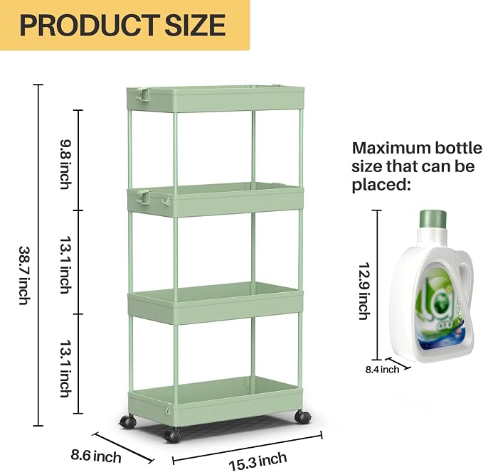 SPACEKEEPER 4 Tier Rolling Cart, Bathroom Cart Organizer with Wheels, Green | Mobile Storage Cart for Laundry Room Organization,Kitchen,Office,Bathroom, Utility Cart for Snack,Craft,Art,Makeup,Nail,Toys
