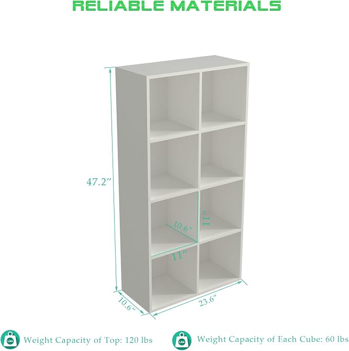 OSCHF 8-Cube Storage Shelf Bookcase, Warm White | Wooden 4-Tier Open Bookshelf, Fits 11×11" Bins, Vertical or Horizontal Use, Full Back Panels, For Home Office