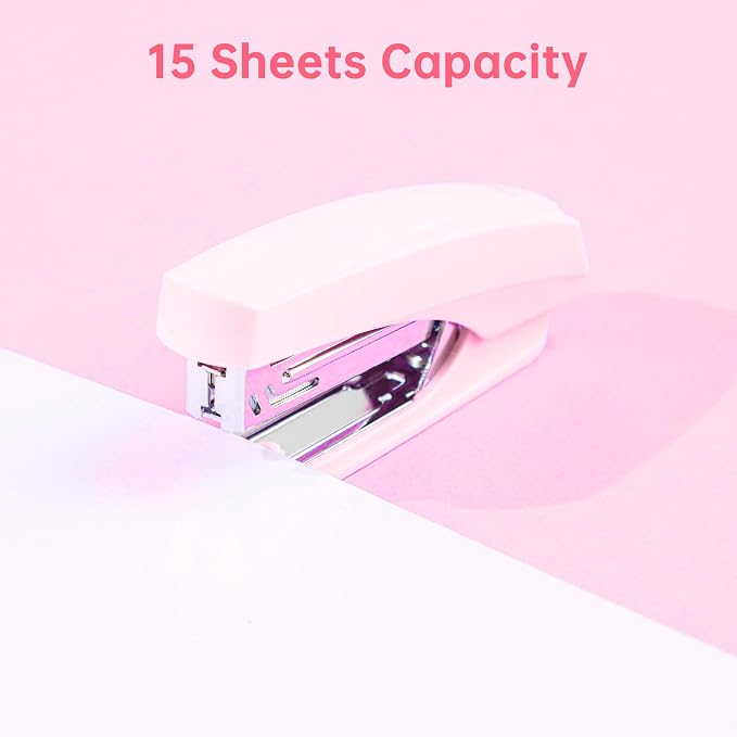 deli Office Supplies Set, Desk Accessory Organizer Kit, Pink | Stationary Set, Desk Supplies with Rotating Multi-Functional Pen Holder &Stapler Set for Office, School, Home