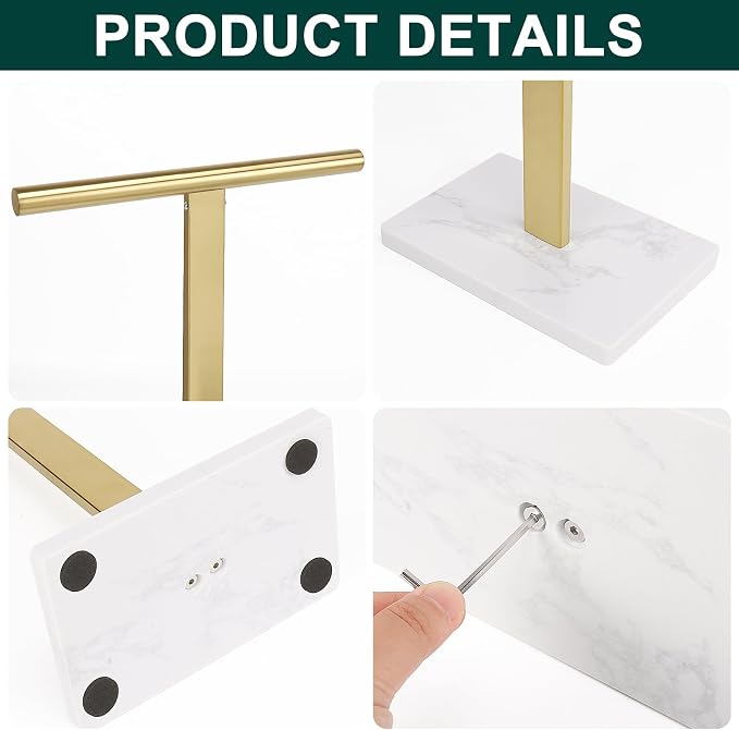 Hand Towel Holder, T-Shape Hand Towel Stand for Bathroom, Hand Towel Rack Bar Standing for Vanity Kitchen Countertop, 304 Stainless Steel, Marble Base (Gold)