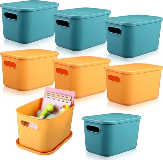 8 Pieces Colorful Storage Bins with Lid, Plastic Storage Basket Organizing Container Stackable Box with Handle for Shelves Desktop Playroom Office(10.2 x 7 x 6.3 Inch,Green and Yellow)