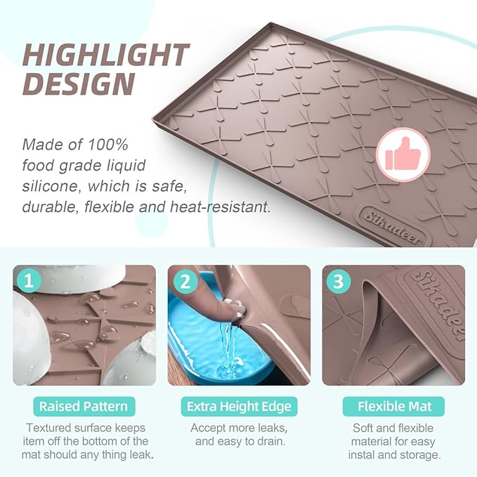 SIKADEER Waterproof Under Sink Mat Food-Grade Kitchen Shelf Liner 34" x 22" | Thick Raised Edge Cabinet Protector, BPA Free Kitchen Organizer and Storage, Non-Slip Dog & Cat Mat, Silicone Drying Mat