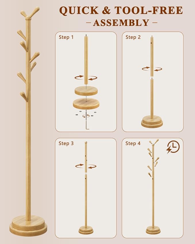STARSAGA Solid Wood Coat Rack Freestanding Coat Tree with 8 Hooks | Adjustable Height Heavy Duty Coat Rack with Rounded Hooks & Dual-Layer Base, Holds Coats Hats Bags for Entryway, Bedroom