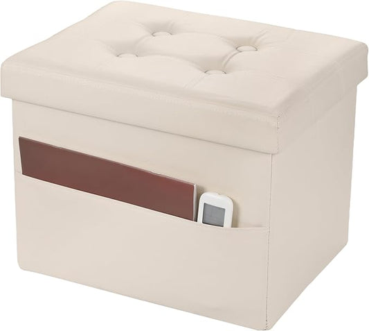 Bsketa Storage Ottoman Bench,17 Inch Folding Leather Foot Rest Stool, Beige | Small Ottoman with Side Pockets, Thicker Foam Padded Seat, Livingroom, Dorm, Bedroom, Easy to install, 43L,17x13x13in