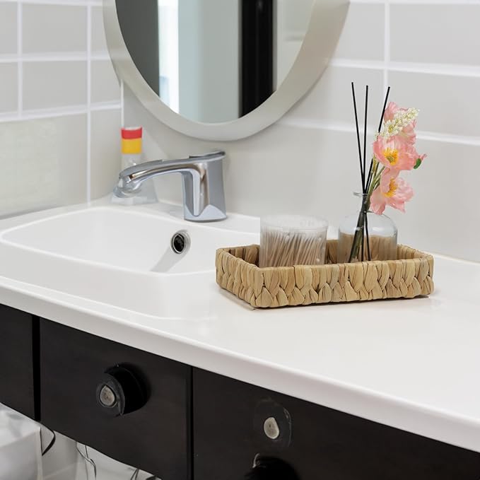 Water Hyacinth Bathroom Vanity Tray, 10 Inch | Toilet Tank Basket, Bathroom Counter Organizer, Small Wicker Tray, Toiletry Storage, Coffee Table Decor