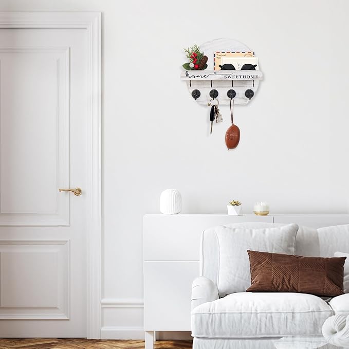 Key Holder for Wall, Key and Mail Holder Organizer - Key Holder Wall Mount with Bouquet Shelf and Key Hooks, Round Wooden Rustic Key Rack for Entryway and Home Decor (Pale White)
