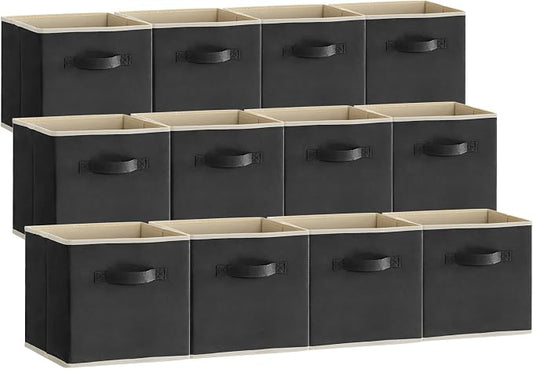 Lifewit Storage Cubes, Foldable Decorative Fabric Storage Baskets for Organizing Home Organizers with Handles for Shelves, Closet, 13 Inch Bins, 36L Black, 12 Packs