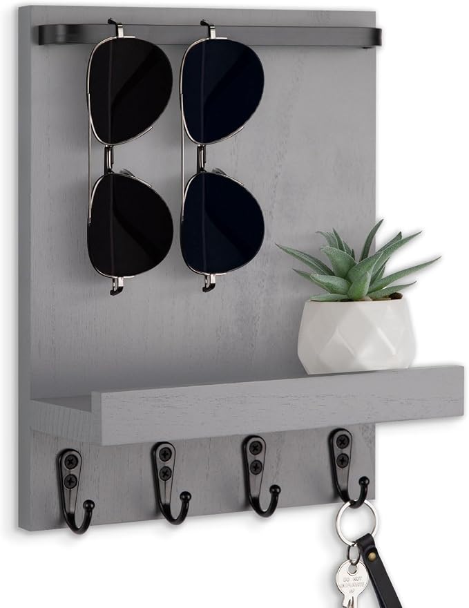 Key Holder Wall Mount, Key Holder for Wall with 4 Hooks, Farmhouse Key Hanger Holds Dog Leash, Sunglasses – Decorative Mail Organizer Home Decor