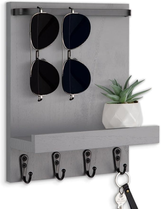 Key Holder Wall Mount, Key Holder for Wall with 4 Hooks, Farmhouse Key Hanger Holds Dog Leash, Sunglasses – Decorative Mail Organizer Home Decor