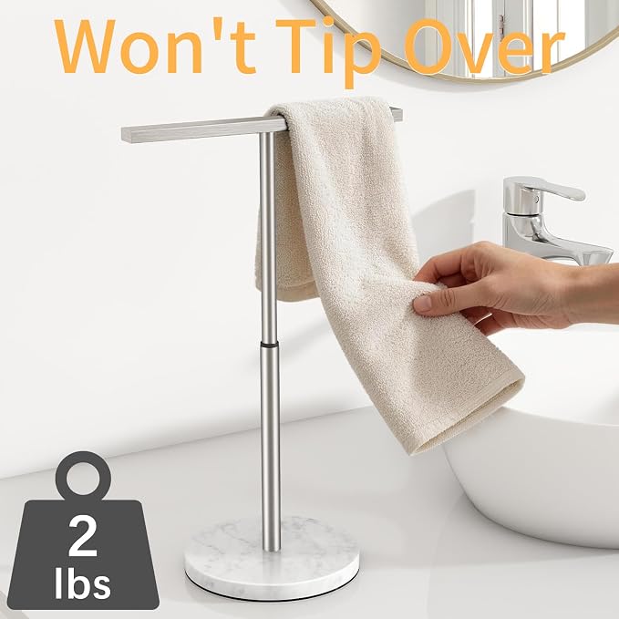 STWWO Hand Towel Stand, 11~18.8IN Adjustable Marble Base Brushed Nickel | for Bathroom, Kitchen & Countertop, T-Shape, Stainless Steel, with Sturdy Base