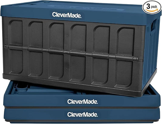 CleverMade Collapsible Storage Bins with Lids, 62L, 3 Pack, Ocean | Large-capacity bins support 100 lb and stack securely. The lid stores underneath, and each crate folds to 2.5 inches.