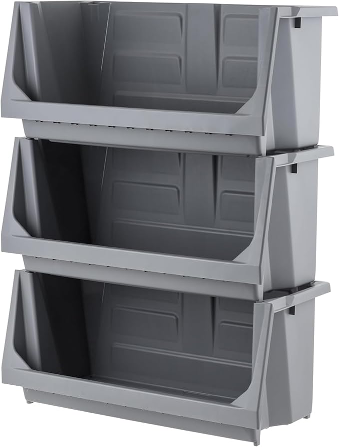 IRIS USA Open Front Storage Bins, Jumbo Stackable Storage Bins, 3 Pack | Heavy-duty interlocking bins provide open-front access for garage tools, hardware, sporting goods, and workshop storage.