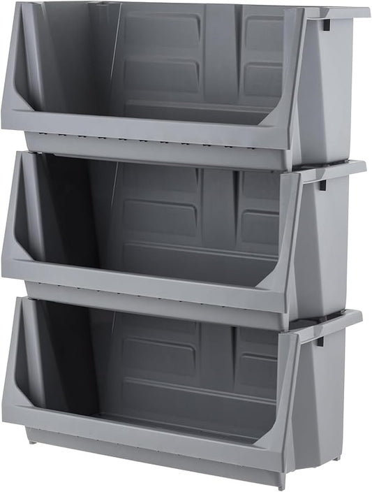 IRIS USA Open Front Storage Bins, Jumbo Stackable Storage Bins, 3 Pack | Heavy-duty interlocking bins provide open-front access for garage tools, hardware, sporting goods, and workshop storage.