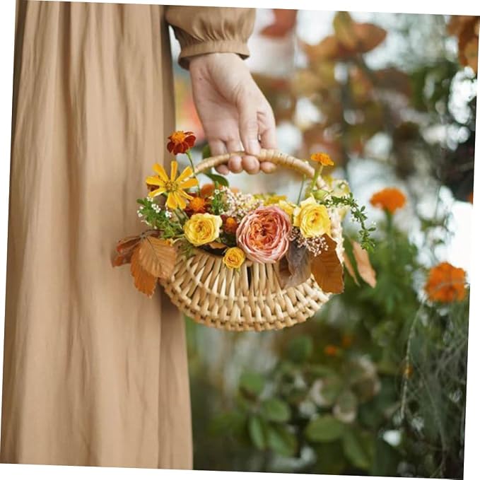 jojofuny Hand Woven Rattan Flower Basket for Home Storage Multi-functional Decorative Container for Organizing Flowers for Mother's Day and Spring Weddings