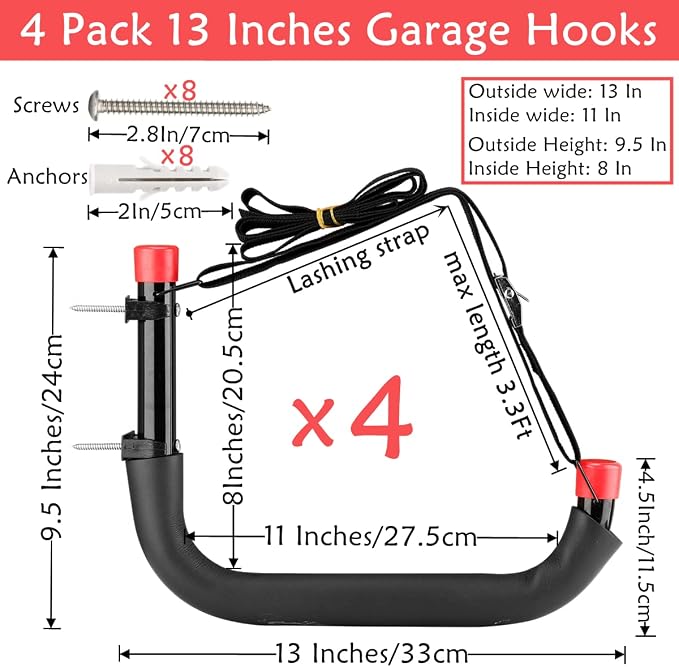 Heavy Duty Garage Storage Hooks, 13 Inch Arm Large Wall Mount Hanger with EVA Protector, Garage Racks & Organizer for Ladders, Folding Chairs, Kayak, Surfboard, Garden Tool