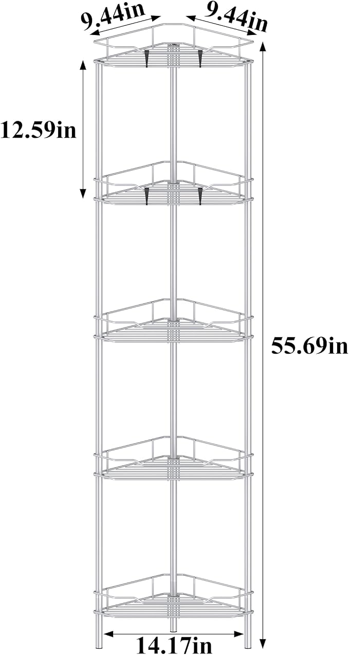 HuggieGems 5 Tier Floor Standing Corner Shower Caddy Organizer Shelf with Hooks, Bathroom Shelves Stand Rack, Silver