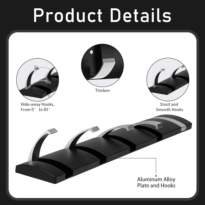 Wesiti 2 Pack Wall Mounted Coat Rack, Floating Door Wall Coat Rack with Retractable Hooks Aluminum Space Saving Hangers Hook Rail for Entryway Bathroom Hat Towel(Black and Silver)