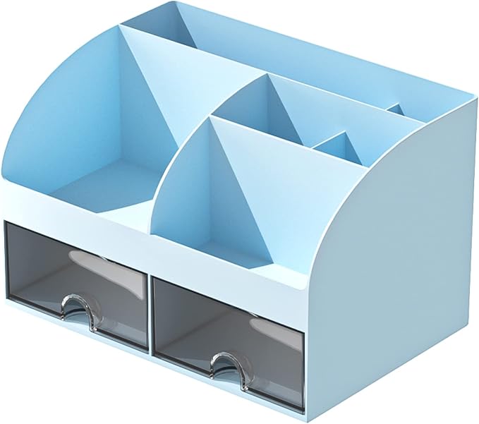 COMFYROOM Desk Organizer with 6 Compartments and 2 Drawers, Plastic Makeup Organizer, Pen Holder for Desktop Storage, Desk Organization for School, Home, Office Supplies (Blue)
