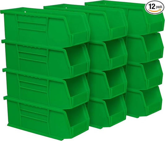 Akro-Mils 30224 AkroBins Plastic Storage Bins, 11"x 4"x 4", Green, 12-Pack | Space-Saving Stackable Bins for Garage, Pantry, Craft Organization