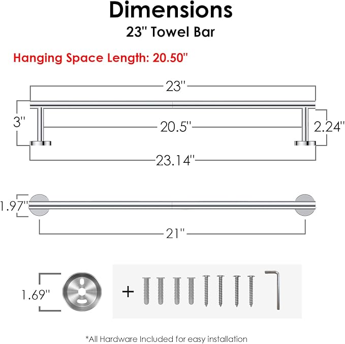 FORIOUS Towel Bar 21" Towel Racks for Bathroom Wall Mounted Chrome | Total Length 23 Inch, Rustproof, Stainless Steel Towel Holder, Wall Mounted for Bathroom Bedroom, Heavy Duty, Space Saving