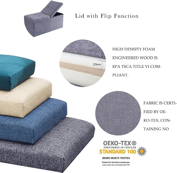 Storage Ottoman Bench Foldable Seat Footrest Shoe Bench End of Bed Storage with Flipping Lid, 75L Storage Space, 30 inches Linen Fabric Navy