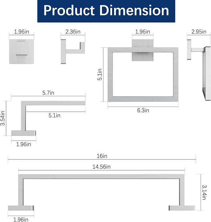 Brushed Nickel Towel Rack for Bathroom Wall Mounted, Bathroom Accessory Set 5-Pieces Bathroom Hardware Set 16In Towel Bar Set