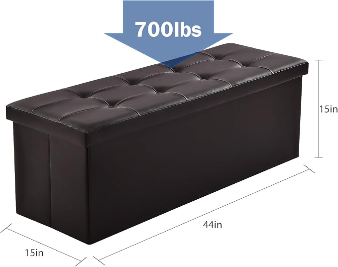 Camabel 43 inch Folding Ottoman Storage Bench Cube Hold up 700lbs Faux Leather 125L Storage Chest with Memory Foam Seat Footrest Padded Upholstered Stool for Bedroom Box Bed Coffee Table Brown