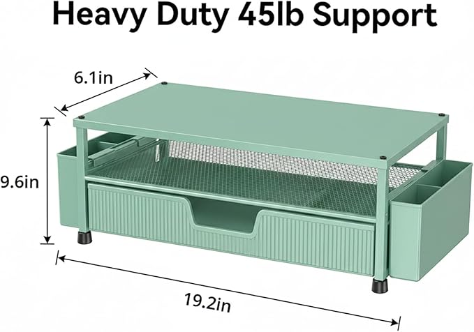 ECOLOVI Desk Organizer and Accessories, 2-Tier Computer Monitor Stand Rise with Storage Drawer & 2 Pen Holders, Laptop & Printer Stand for Desktop, Workspace Organizers for Office Supplies (Green)