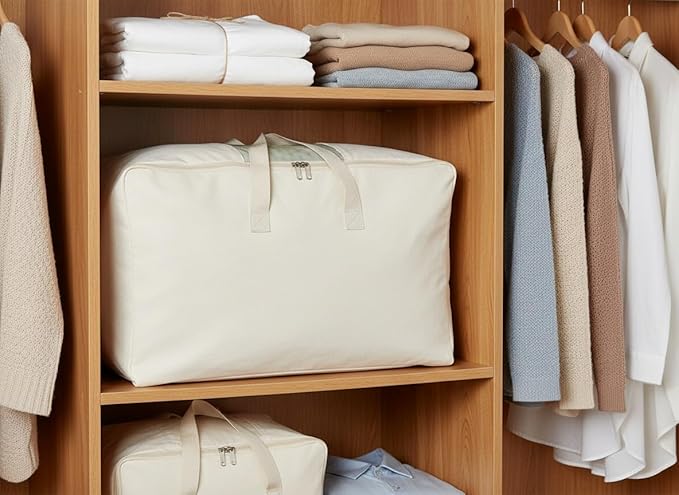 DoYiKe Soft Large Canvas Comforter Storage Bags with Four Carrying Handles and Clear Window, Closet Organizer for Clothing, Blankets Sheets Pillows and Bedding, 80L, 2 Pack, Beige