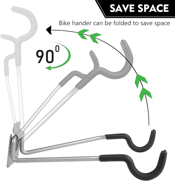 Bike Wall Mount Hangers，EVA Foam Padded Bicycle Hooks-Flip-Up Garage Bicycle Rack for Mountain, Road, and Kids Bikes Rack Holders 2 Pack Silver, Black