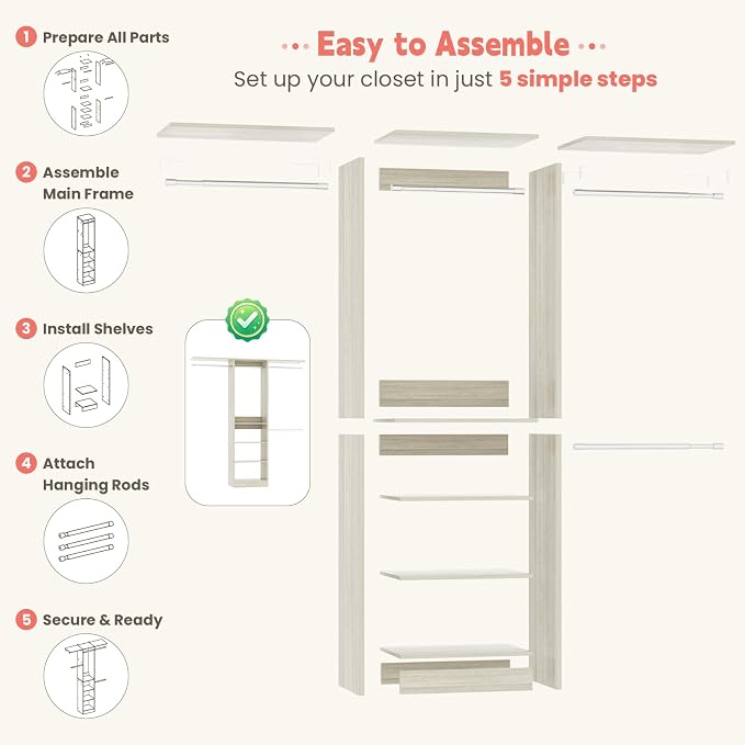 48" Small Closet System, Space-Saving Wall-Mounted Wardrobe Organizer, Mini Garment Rack for Narrow Spaces, Morning Outfit Prep Station & Nursery Dress-up Storage, White Oak