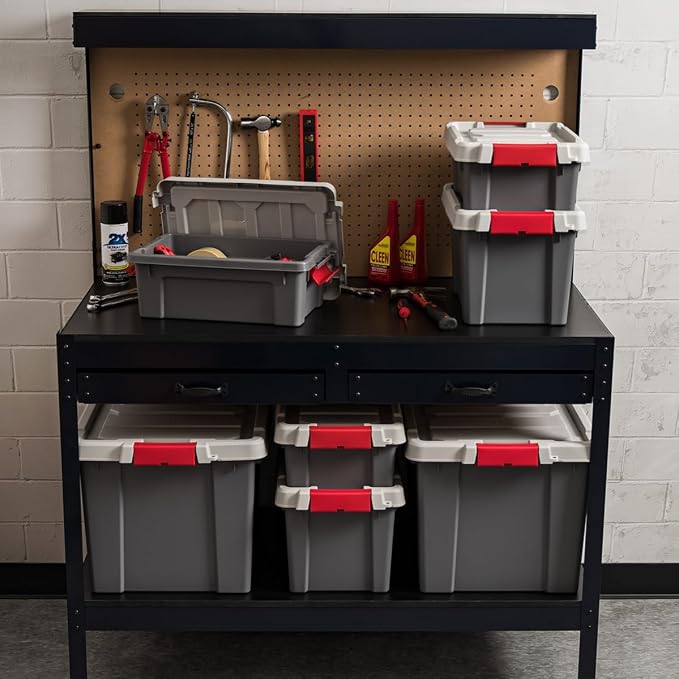 IRIS USA 5-Pack 3 Gal Heavy Duty Lockable Storage Totes with lids, Gray | Built for tools, hardware, emergency supplies and small equipment, Stackable design keeps spaces organized