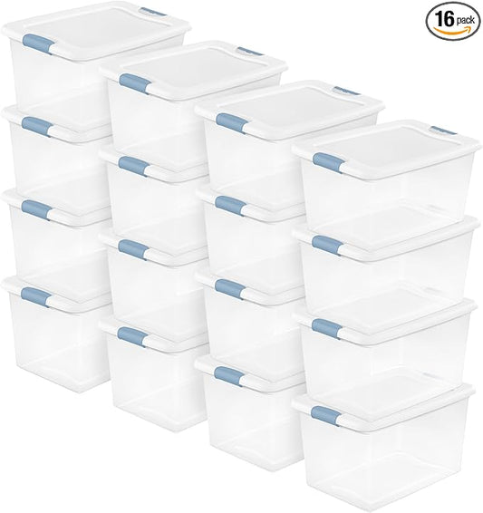 Sterilite Latching Box with Lids for Home and Office, 64 Quart, 16-Pack | Heavy-Duty and Stackable Plastic Containers with Latches for Closet, Cabinet, Bedroom, Bathroom and Dorm Room Organization