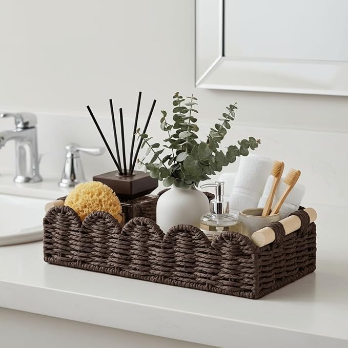 CubesLand Toilet Paper Storage Basket Organizer, Small Wicker Decor Basket | Toilet Tank Top Decorative Basket for Countertop, Handwoven Scalloped Basket W/Handle for Home Decor Living Room, Brown