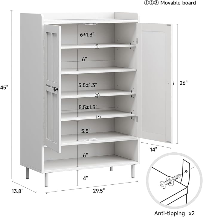 ComfyCorner White 7+1 Tier Farmhouse Shoe Storage Cabinet - 45" Tall Entryway Organizer with Cross Molding Doors, 3 Adjustable Shelves & Metal Legs, Shoe Rack for Front Door Entrance