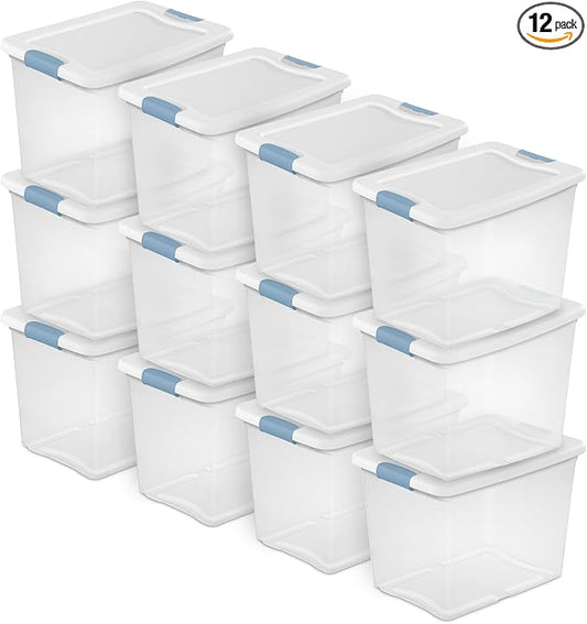Sterilite 12-Pack Latching Box, Under Bed Storage Bins with Lids, Clear Plastic, 25 Quart - Heavy-Duty Organizing Containers for Closet, Bathroom, and Office | Heavy-Duty and Stackable Plastic Containers with Latches for Closet, Cabinet, Bedroom, Bathr...