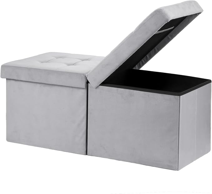 AmasSmile Footrest Ottoman Storage Bench, 34" Velvet Folding Stool, Grey | Large Ottoman with Storage, Thicker Foam Padded Seat, Livingroom, Dorm, Bedroom, Entryway, Easy to install, 34 x 13 x 13in
