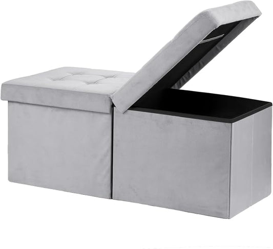 AmasSmile Footrest Ottoman Storage Bench, 34" Velvet Folding Stool, Grey | Large Ottoman with Storage, Thicker Foam Padded Seat, Livingroom, Dorm, Bedroom, Entryway, Easy to install, 34 x 13 x 13in
