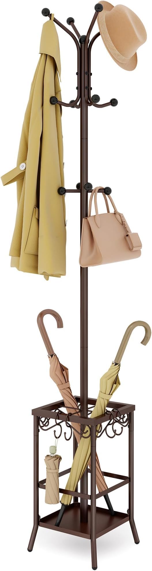 Hoctieon Coat Rack Freestanding, Coat Tree with Umbrella Holder | Metal Coat Rack Stand with 12 Hooks, Standing Coat Hanger Stand, Umbrella Stand for Entryway, Hat Rack Stand for Home Office