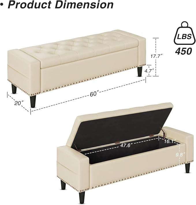 60" Storage Ottoman Bench, Faux Leather Upholstered Bed Bench with Tufted Buttons and Nailhead Trim, Large Ottoman with Storage for King Size End of Bed, Bedroom, Entryway, Hallway (Cream White)