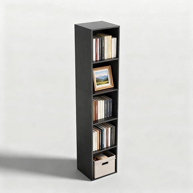 5 Cube Storage Organizer, Narrow Open Shelf Bookcase, Freestanding Low Display Bookshelf with Eco-Friendly Melamine Surface for Home Office, Bedroom, Living Room, Study, Black