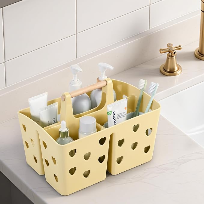 Portable Shower Caddy Plastic Shower Basket Organizer with Handle, Yellow | Divided Bathroom Caddy Storage Cleanning Caddy Tote for College, Dorm Room, Kitchen