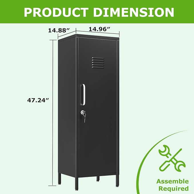 PAOFIN 47" Metal Storage Locker, Lockable Employees Metal Locker with Door and Adjustable Shelves, Steel Locker for Home, School, Office, Gym (Black)