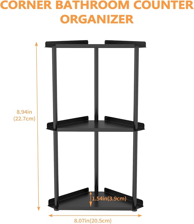 FLE Corner Bathroom Counter Organizer, 3 Tier Corner Shelf Countertop Black | 3 Tier Corner Shelf, Tabletop Mount,Waterproof solid shelf fits bathroom toiletries and kitchen condiment storage.