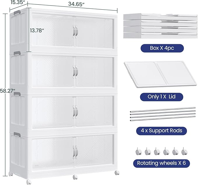 960QT Extra Large Stackable Storage Bins with Lid, 240Gal Plastic Closet Organizers and Storage Drawer, Collapsible Cabinet Box with Wheels Clear Doors for Home Kitchen Office, 4Pack White