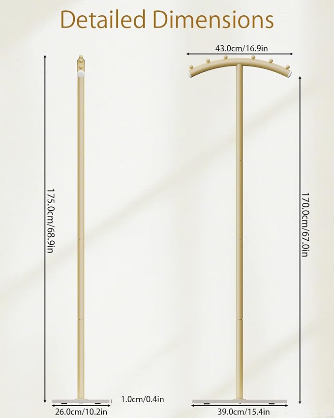 Modern Coat Racks,T-Shaped Coat Stand with Rock Base,68.9in Gold | Metal Garment Racks with Anti Slip Knot,Arcuate Clothes Display Hanger with Natural Patterned Bottom Plate for Bedroom